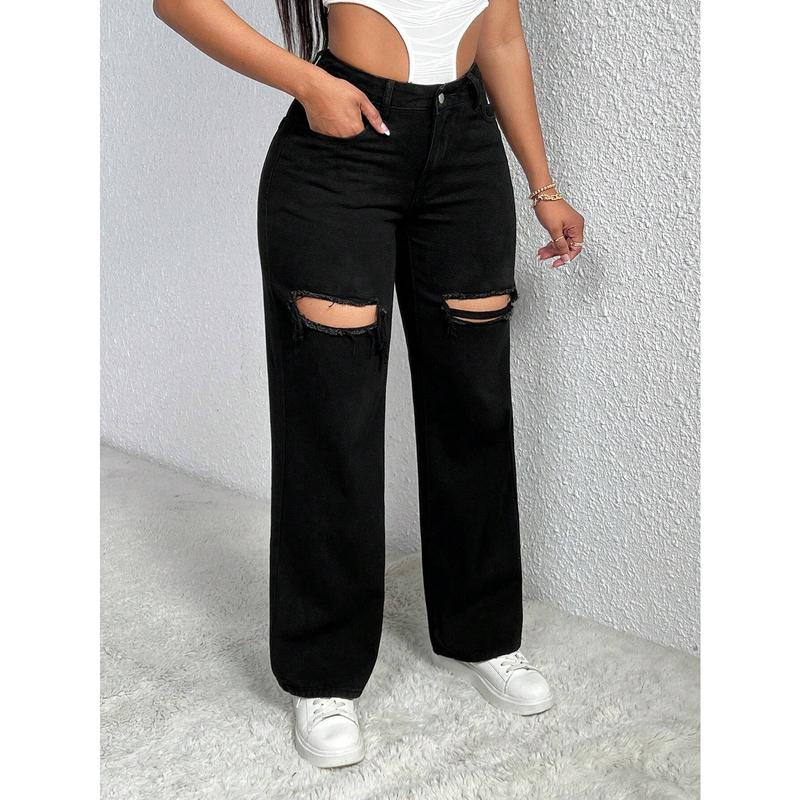 SHEIN SXY Single Button Cut Out Ripped Frayed Wide Leg Jeans SHEIN