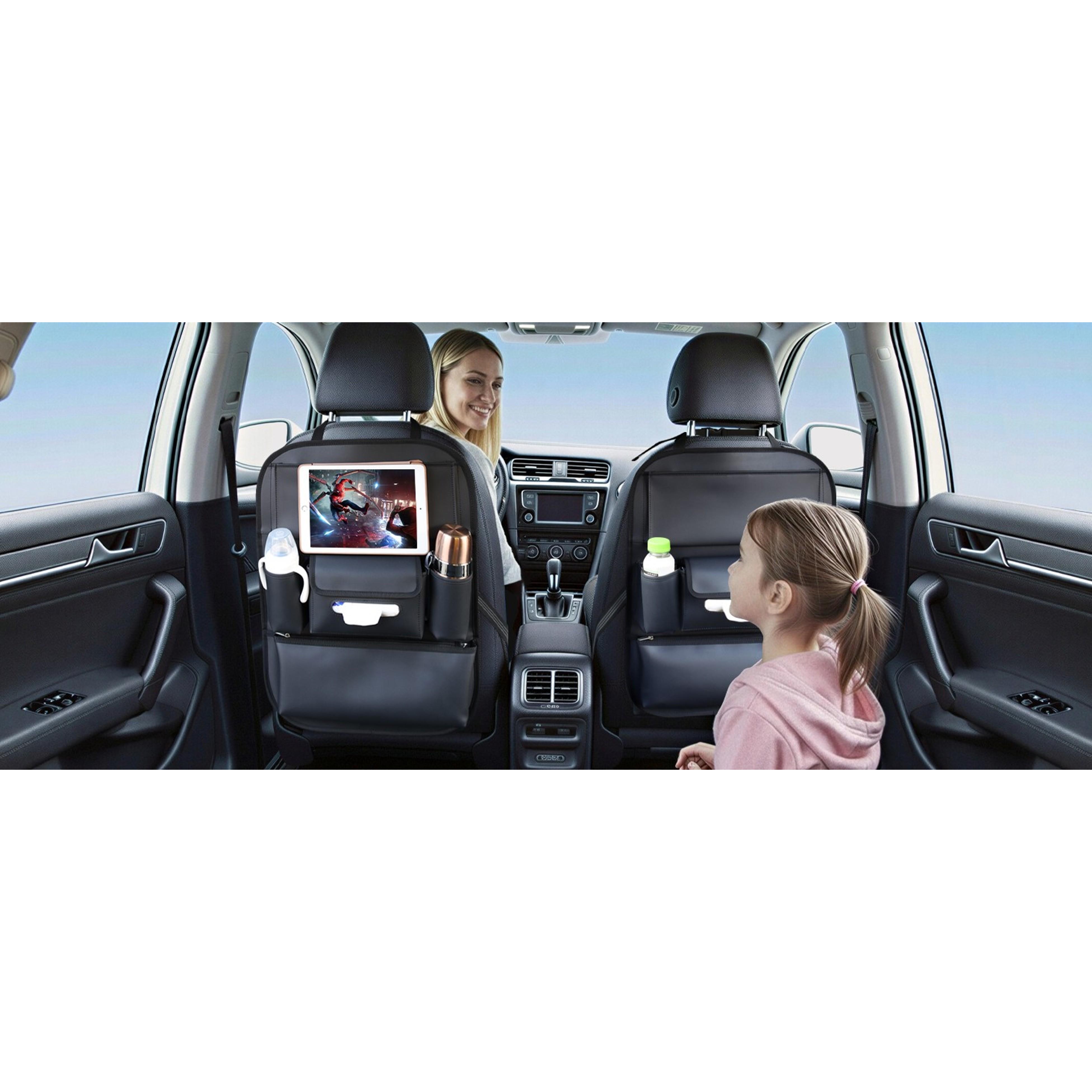 Car Seat Organizers Waterproof Backseat Protector with Storage Pocket Large Leather Kick Mats for Kids Pets Automobile SUV Truck (Black, Large Pocket)