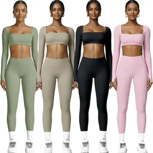 Women's 2pcs Autumn Winter Set Square Collar Long Sleeve Trousers Fashionable Simple Breathable Moisture Absorbing Quick Drying Reusable for Yoga Exercises Solid Color Options