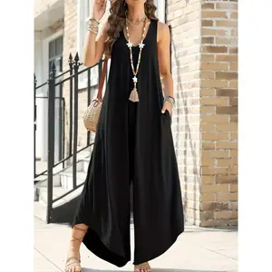 Women’s plain pocket V-neck wide-leg jumpsuit; casual sleeveless jumpsuit for daily wear; ladies’ clothing for all seasons; casual sleeveless overalls