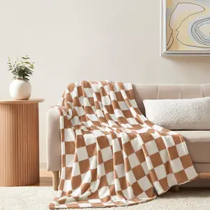 Homelike Moment Aesthetic Checkerboard Fleece Blanket, Khaki Soft Plush Throw for Couch, Bed & Sofa, Cozy Lightweight Flannel Decor