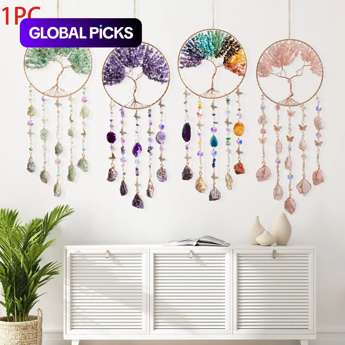 Handmade Bohemian Tree of Life Dream Catcher & Sun Catcher, Crystal & Gemstone Wind Chime, Nature-Inspired Tree Shape, Ideal Gift for Home Decor, Hanging Room Decor, Mother's Day, Birthday & Housewarming #GLOBAL PICKS