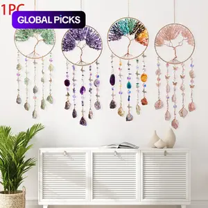 Handmade Bohemian Tree of Life Dream Catcher and Sun Catcher, Crystal and Gemstone Wind Chimes, Irregular Tree Shape Ideal Gift for Hanging Home Decor, Mother'S Day, Birthday, Housewarming