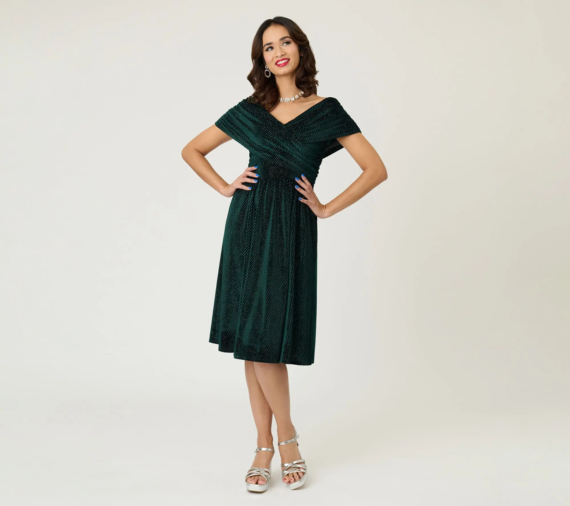 Unique Vintage Emerald Velvet Shirred Swing Dress - TikTok Shop