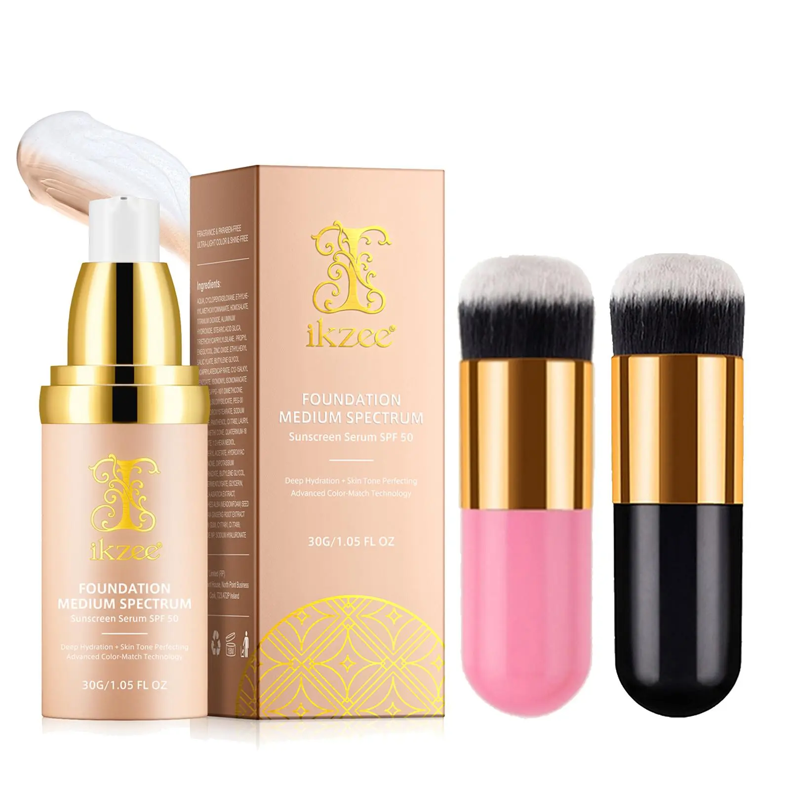 Ikzee Color Changing Foundation + / Makeup Brush, Moisturizing Hydrating Liquid Foundation, Coverage, Flawless, Long-Lasting & Lightweight, Suitable for Daily Use