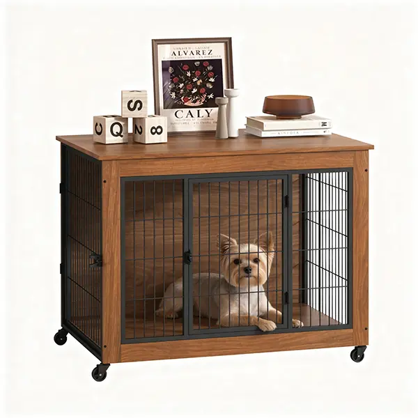 38.6" Dog Crate Furniture with Wheels for Small Dogs, Heavy Duty Dog Kennel Indoor with 2 Doors, Wooden Pet Cage End Table, Double-Doors Sturdy Metal Dog Cage for Anxiety Dog