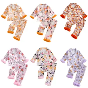 Kids Toddler Girl Halloween Pajamas Feather Trim Long Sleeve Pumpkin Floral Print Button Down Shirt Tops and Pants 2pcs Pjs Sets Sleepwear