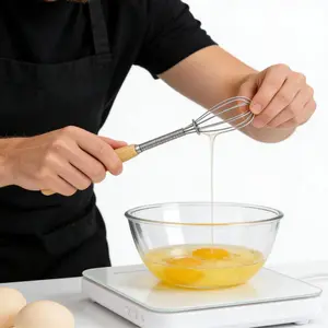 Stainless Steel Mini Handheld Egg Beater with Wood Handle, Manual Mixer, Frother, Coffee Blender, Baking Tool, Durable Kitchen Utensil