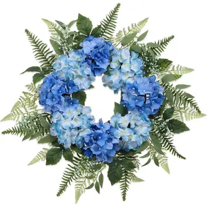26 Inch Hydrangea Spring Wreaths for Front Door, Blue Hydrangea Wreath Artificial Door Wreaths Spring Summer Decor with Fern Leaves for Indoor Outdoor Home Wall Porch Window or Wedding Decoration