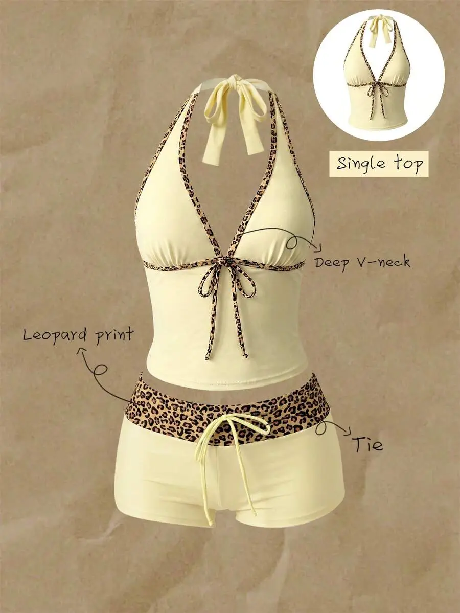 Women's Random Print Bow Tie Neck Camisole Bikini Top - Female Spaghetti Strap Beach Wear for Spring/Summer
