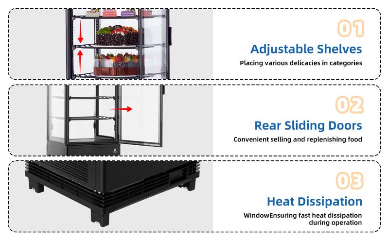 【GARVEE】3.5 Cu.Ft Commercial Refrigerated Display Case with Adjustable Shelves, LED Lighting, Frost-Free Cooling, Auto Defrost, and Lockable Door for Bakery and Restaurant Use