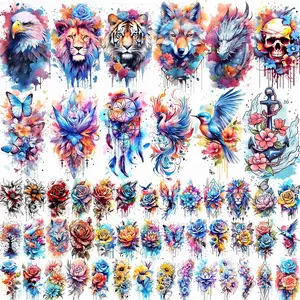 52 Realistic Temporary Tattoos for Women Adults - Long Lasting Waterproof Fake Flower Tattoo Stickers, 3D Roses Birds Wolf Floral Arm Neck Body Art for Gifts(Kids Safe)