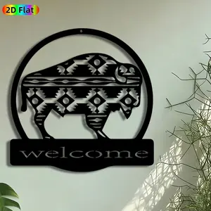 1pc Aztec Pattern Bison Metal Wall Art, Welcome Sign Bison Statue Mural, Intricate Craftsmanship, Vintage Ironwork, Perfect for Housewarming, Thanksgiving Decor, Perfect for Porch Wall Living Room Farmhouse Decor, Ideal Gift for Western Decor Enthusiasts.