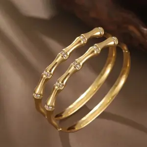 Luxury 18K Gold-Plated Bamboo bracelet Bangle for Women Waterproof Fashion Jewelry Birthday Gifts Anniversary Gifts Jewelry for Women Girls Christmas Gifts - Gift for Her Under $20-Women’s Jewelry Sale- Stainless Steel Jewelry