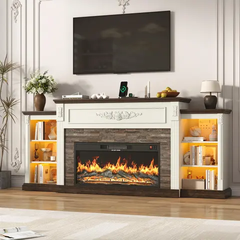 85" Electric Fireplace with Mantel, Farmhouse TV Stand with 36" Fireplace for TVs Up to 95 Inch, 37.6" Tall Entertainment Center with Charging Station & LED Lights, Carved Decoration, Antique White/Brown/Black/Light Rustic Oak/Country Gray