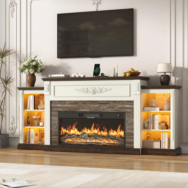 85" Electric Fireplace with Mantel, Farmhouse TV Stand with 36" Fireplace for TVs Up to 95 Inch, 37.6" Tall Entertainment Center with Charging Station & LED Lights, Carved Decoration, Antique White/Brown/Black/Light Rustic Oak/Country Gray