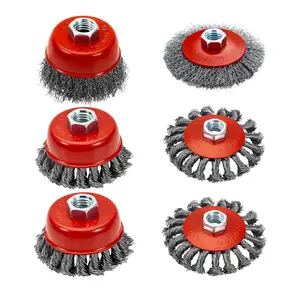 4 1/2" Angle  Wire Wheel Set - 4 Inch & 3 Inch Knotted Coarse Crimped Wheels, Cup Brush with 5/8-11UNC Threaded Arbor