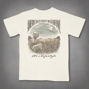 American Flyway Waterfowl Flying Pheasant Ivory Shirt with Pocket Medium Length Fitted Casual Summer Style for Outdoorsmen Short Sleeve Crew Neck T-Shirt Menswear Top Elegant Stylish Tshirt Tropical