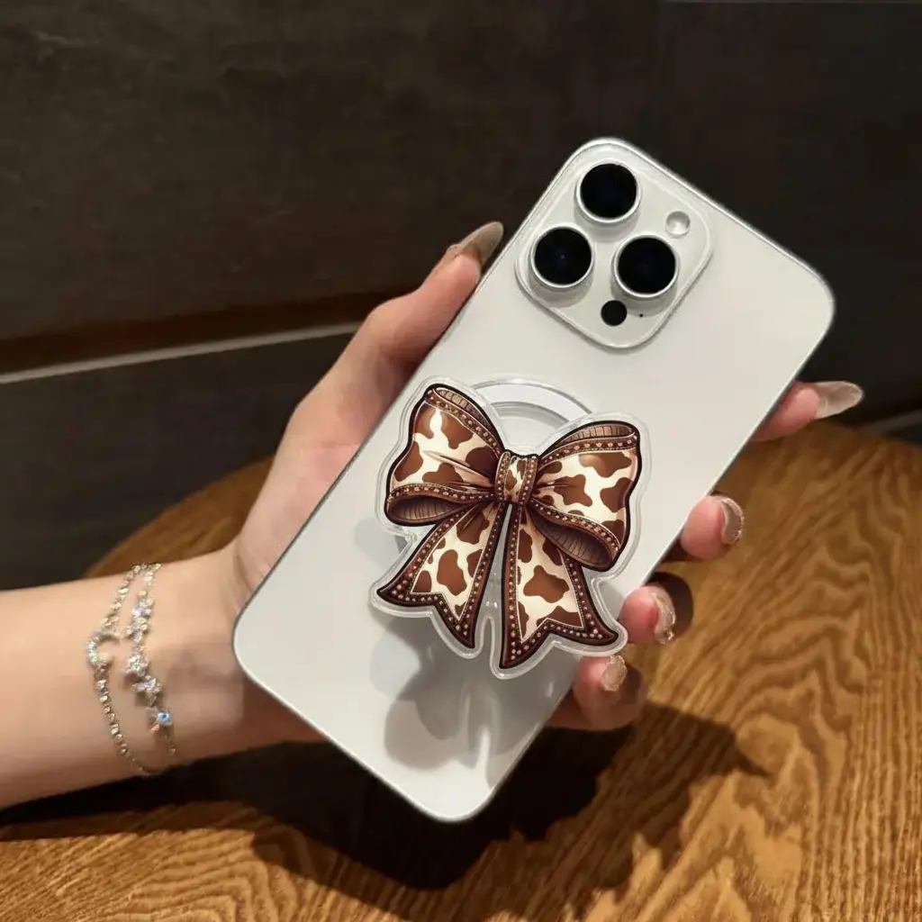 Cow Print Bow Phone Grip - Magnetic Pop Socket & Kickstand - Western Coquette iPhone Accessory