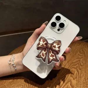 Cow Print Bow Phone Grip - Magnetic Pop Socket & Kickstand - Western Coquette iPhone Accessory