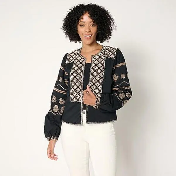 G by Giuliana Black Label Woven Beaded Eyelet Jacket