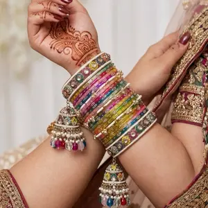 Size 2.8 • 23pc Multicolor Kashmiri Bangle Set • Includes 2 Kadas, 3pc Kashmiri, & 18 Kashmiri Raindrop Bangles with Hanging Jhumkas