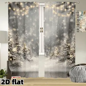 2D Flat 2Pcs Winter Wonderland Curtains Snowflake Pine Tree String Lights Printed Rod Pocket Panel Semi Sunshade Polyester Fabric for Living Room Bedroom Kitchen Home Decor Christmas Holiday Window Treatments Home Decoration Curtain
