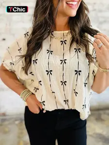 Women's Bow Print Tee, Casual Short Sleeve T-shirt for Daily Wear, Ladies Clothes for All Seasons