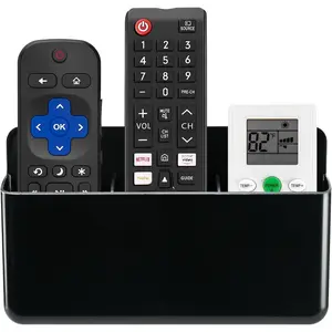 3 Slot Adjustable Remote Control Holder Wall Mount TV Remote Box Hollow Bottom for Easy Phone Charging Self Adhesive Remote and Wall Pen Holder Storage Accessories for Home Office School Black