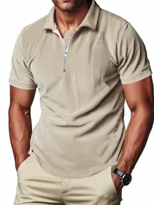 Men's Summer Half-Zip Collar Short Sleeve Shirt, Breathable Elastic Solid Color Casual T-Shirt, Comfortable and Stylish