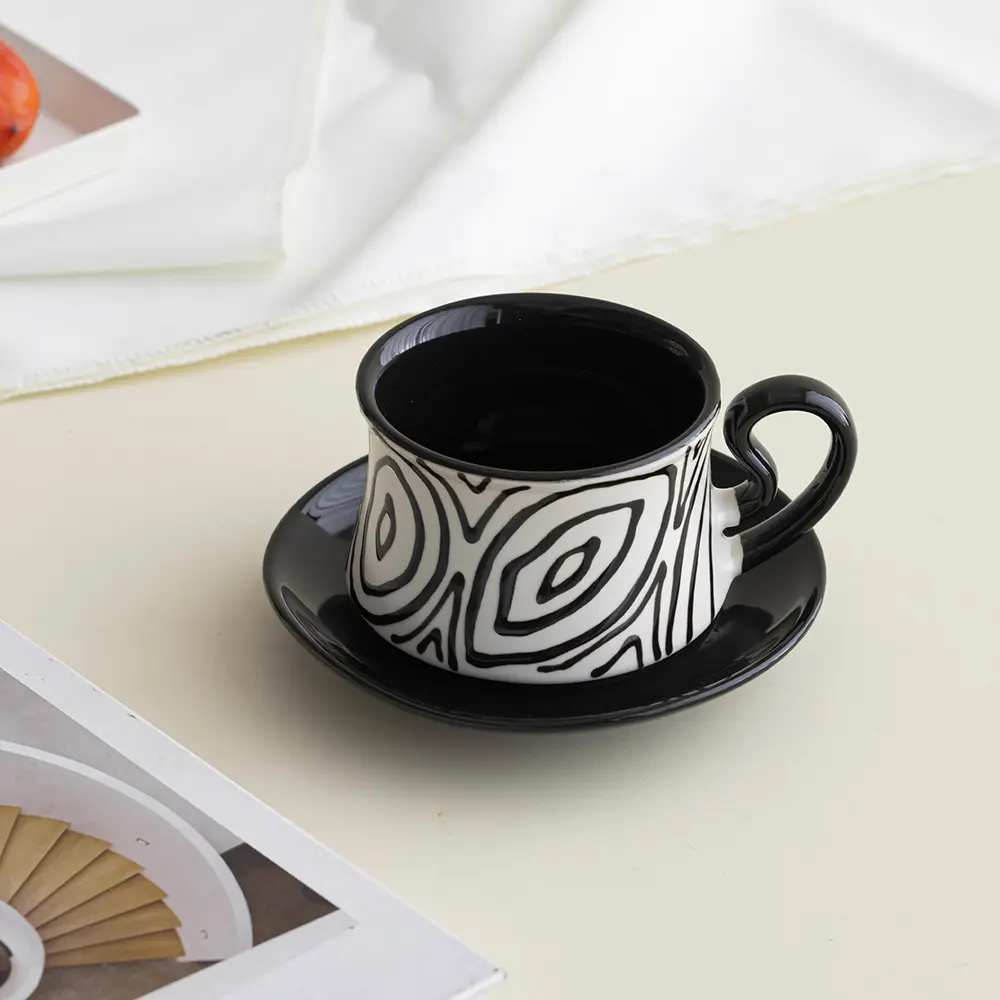Cappuccino coffee cup [9 oz] - thick-walled stone porcelain cappuccino cup, suitable for latte art - latte cup - cappuccino cup - latte mug - black and white classic color scheme - ceramic latte cup and saucer Coffee Drinkware