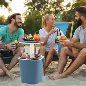 3-in-1 Outdoor  Cooler   Side  Table Portable Cooler Bar Table Ice Bucket with Bottle Opener and Lift Top Lid for Camping Poolside