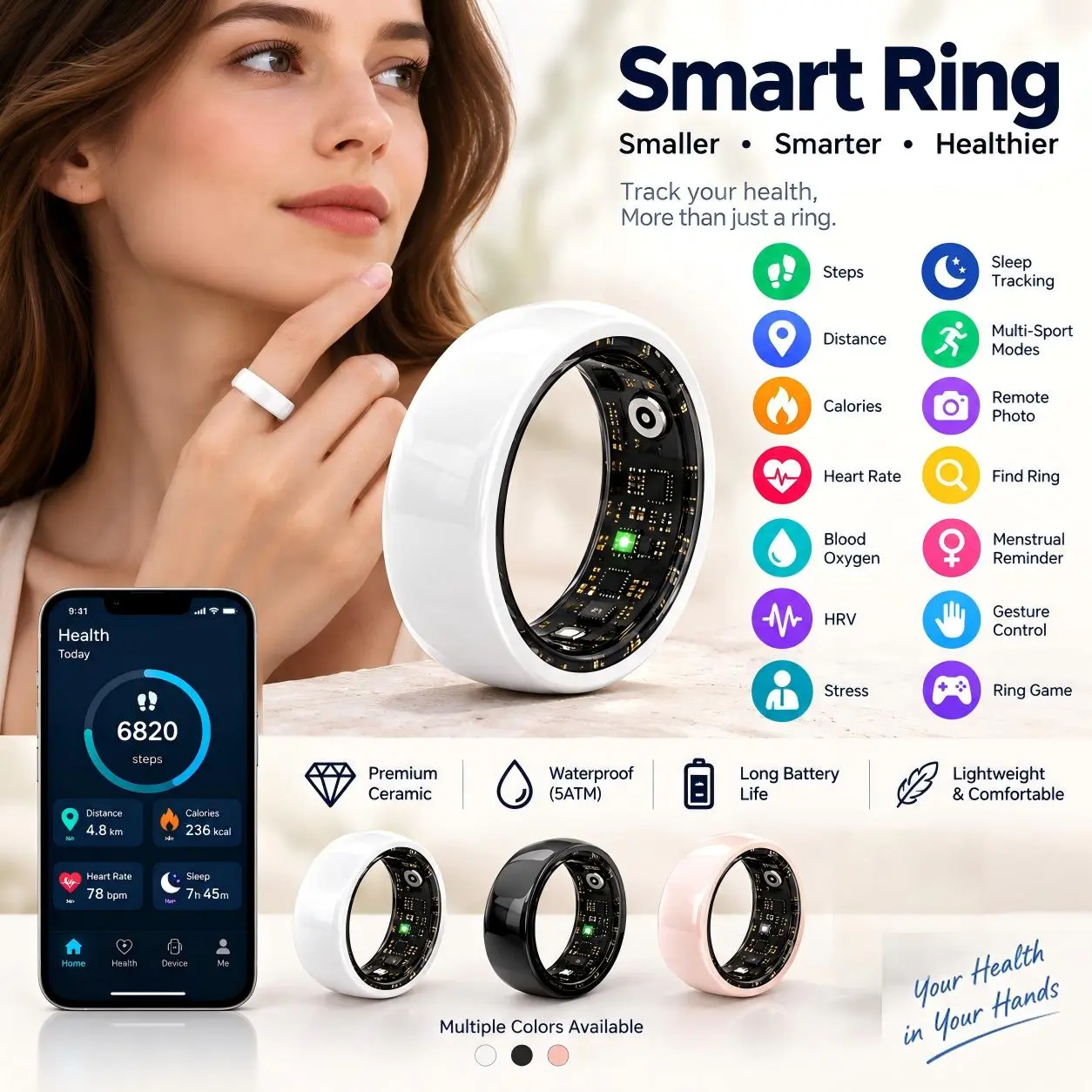 Smart Ring Fitness Tracker for Men and Women, Ceramic Health Tracker with Heart Rate Sleep Blood Oxygen Monitor, Menstrual Cycle and Calorie Activity Tracker, 5ATM Waterproof Bluetooth Smart Ring with QRing App