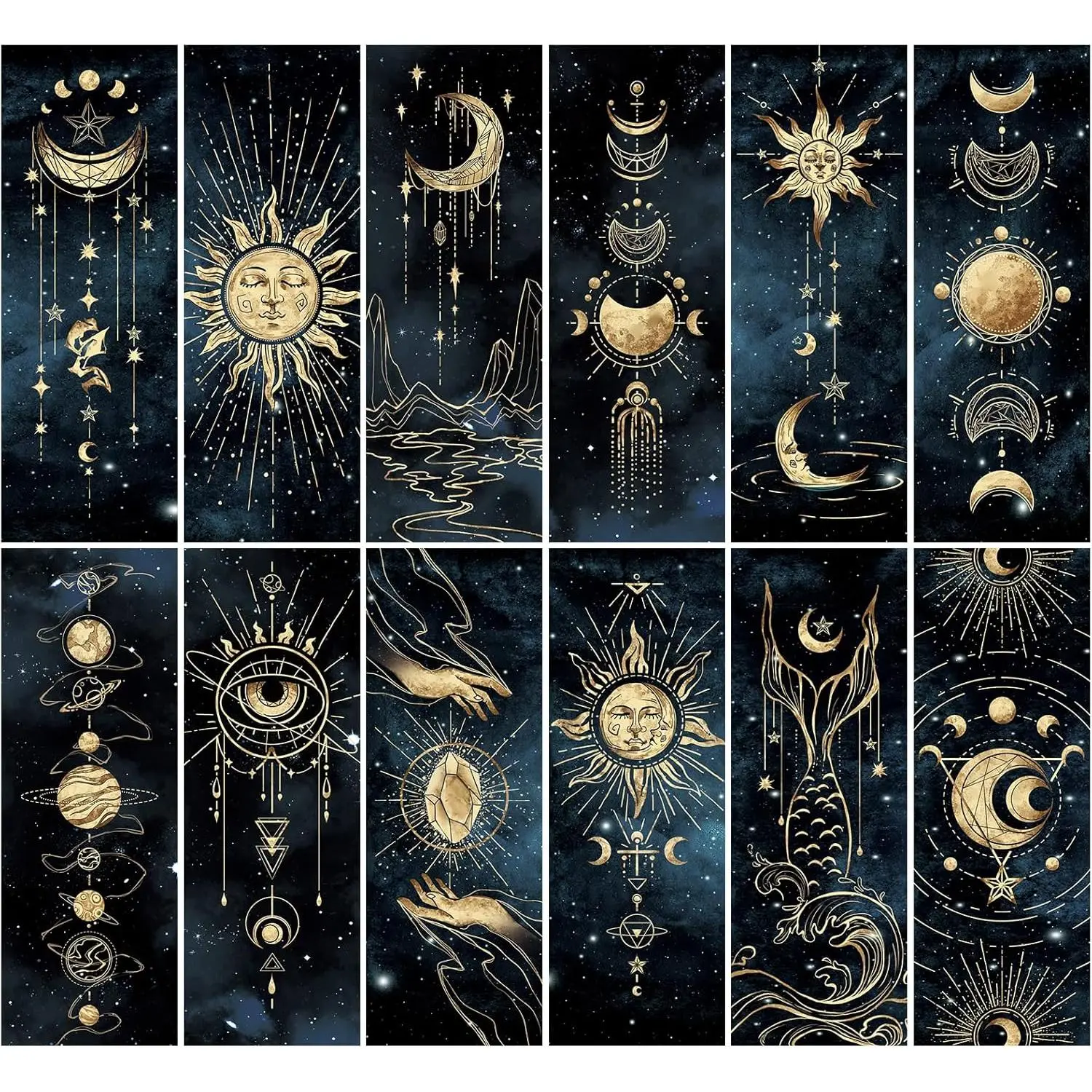 12pcs Cool Night Sky Sun and Moon Double-Sided Bookmarks (5x15cm/2x6inches), Office Stationery for Teens, Bulk Classroom Prizes, Book Club Gifts