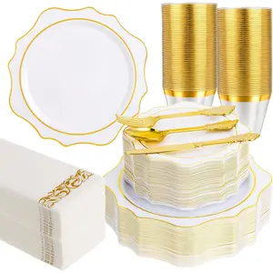 350 PCS White and Gold, Gold Disposable for 50 Guests, Includes 100 Disposable, 50 Cups, 150 Silverwares, and 50 for, Graduation and Wedding