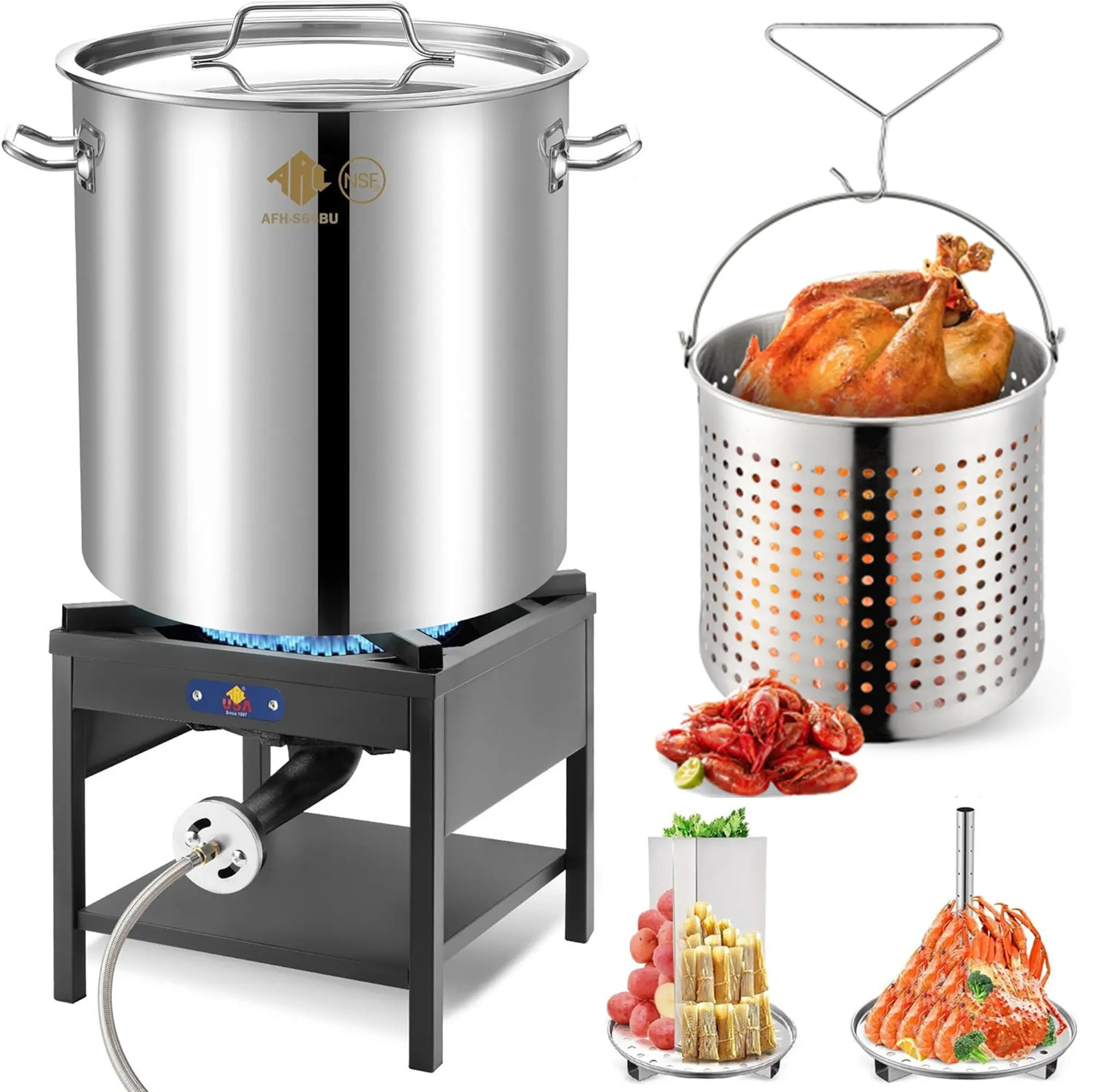 ARC 64QT Stainless Steel Pot with 200,000BTU Propane Fryer, Seafood Boil Pot, Crab Boil Pot, Lobster Pot, Shrimp Boil Pot, Tamale Steamer Pot with Basket and Turkey Fryer Burner