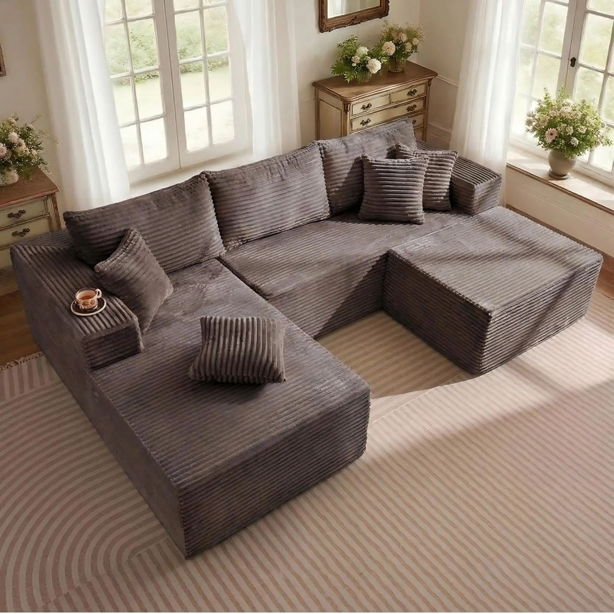 Khaki-Left Chaise With Ottoman