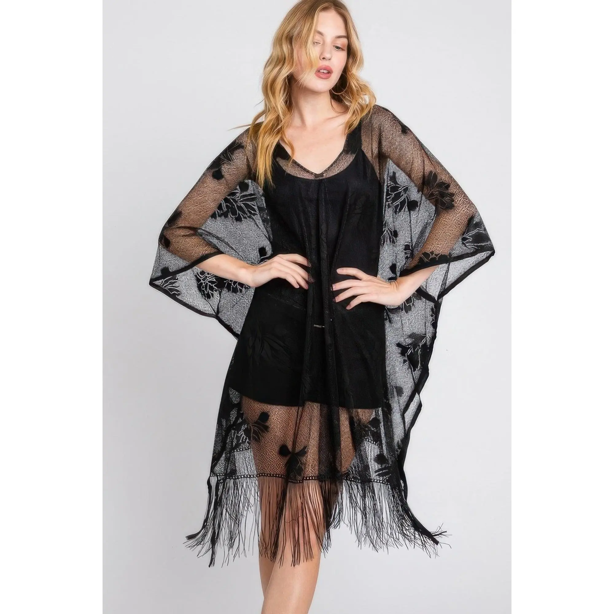 Women's Floral Pattern Lace Fabric Poncho Coverup, Beach Wear with Tassel, Loose Cut Swimwear Cover-Up