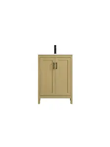 212 MAIN Finnley 24 in. Single Transitional Bathroom Vanity - Honey Brown Engineered MDF, Pre-Drilled, Shelf Storage, Sturdy Floor Cabinets (VF25124MHB)