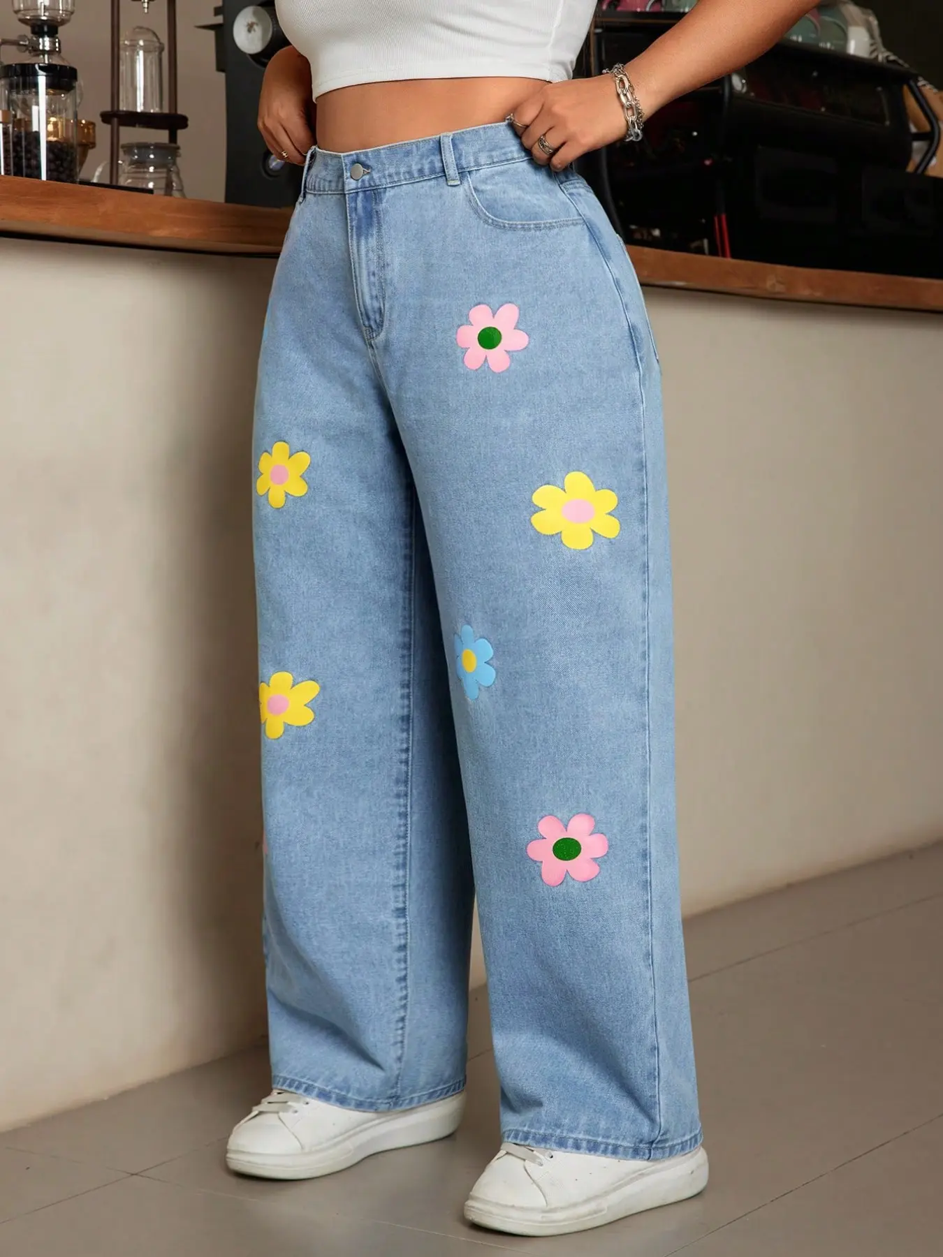 🌸 Plus Size Women Casual Floral Print Wide Leg Loose Oversized Jeans High Waisted Baggy | High Waist Baggy Denim Pants