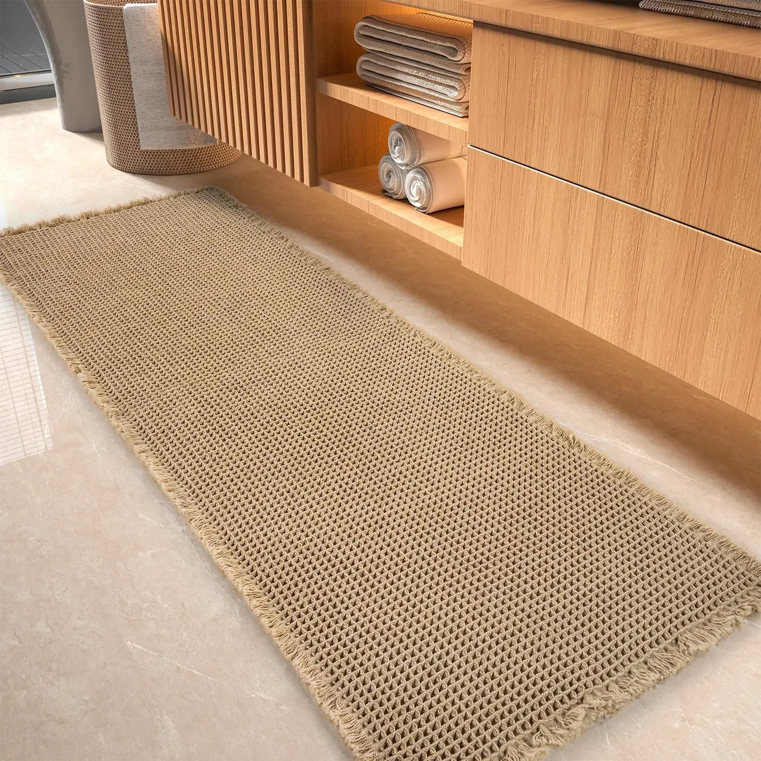 Waffle Bath Mat-Runner Rug, Super Absorbent Non Slip Bath Mats for Bathroom Machine Washable Long Rugs with Tassels, Bath Rugs for Bathroom Floor Beside Tub, 2' x 6' : Home & Kitchen