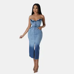 Betty Tube Dress Front Slit Bottom Denim Long Dress