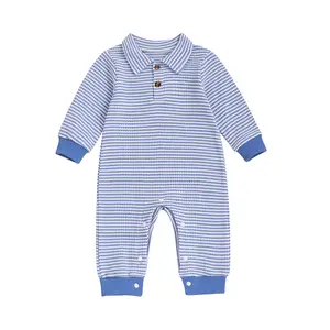 Baby Boys Striped Romper Overalls Waffle Knit Long Sleeve Lapel Button Down Jumpsuit Bodysuit Newborn Fall Winter Outfit