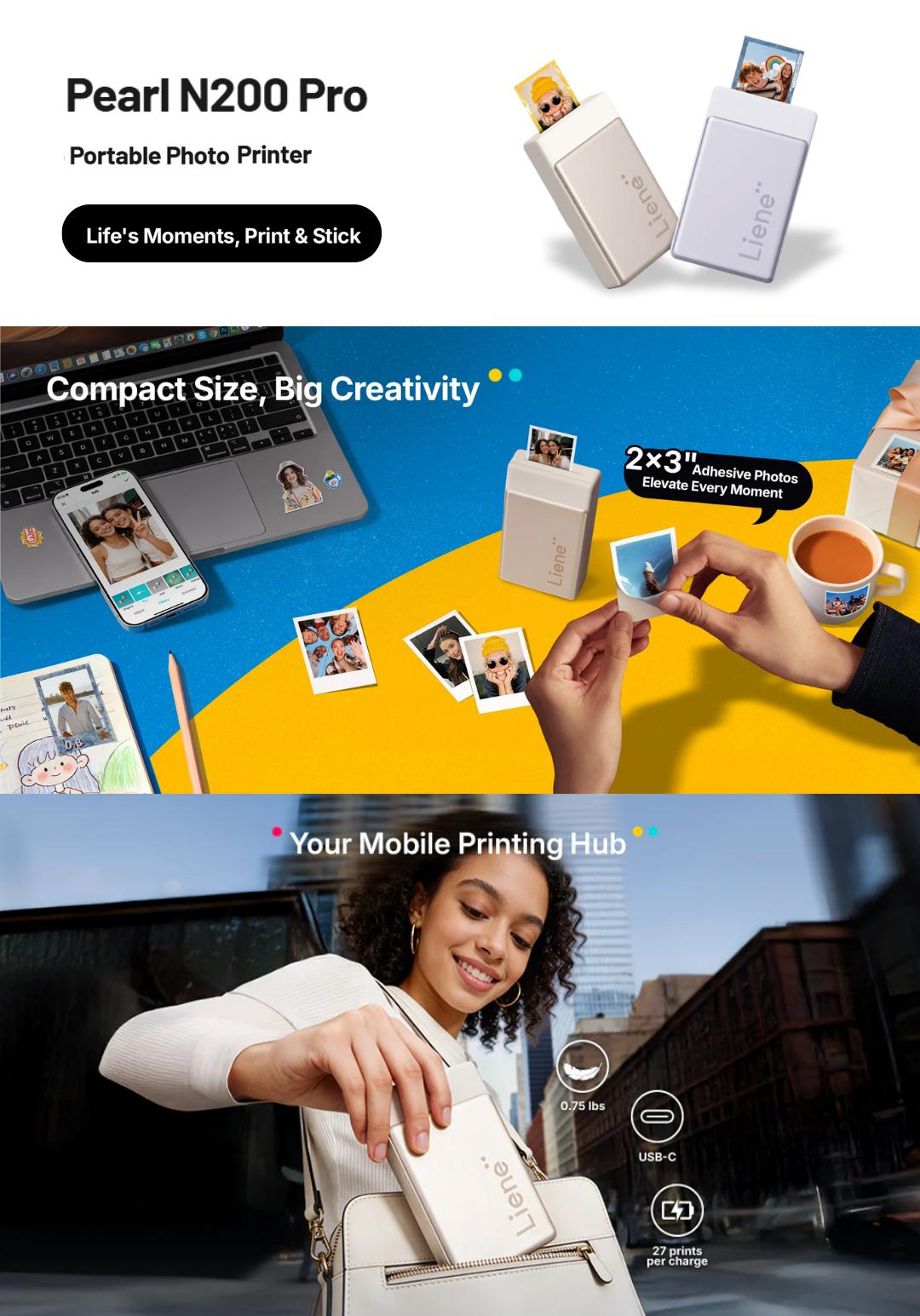 Liene Pearl N200 Pro Portable Photo Printer, Instant Mini Picture Printer for iPhone Smartphone, Thermal Dye Sublimation, Bluetooth Sticker Printer 50 Sheets 2x3 Adhesive Paper & 5 Cartridges, New Drops