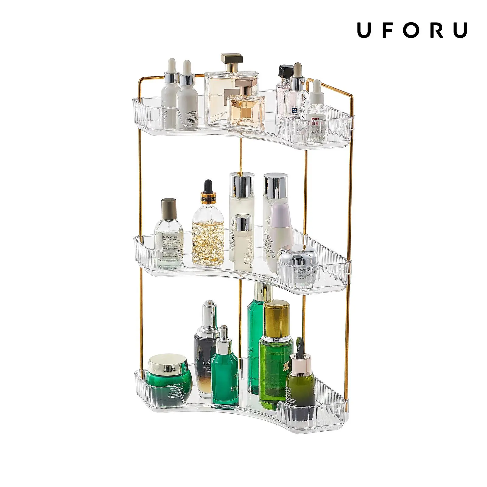UFORU Transparent 3-Tier Gold Frame Corner Storage Rack, Space-Saving Home Organizer for Vanity, Bathroom Countertop (Cosmetics, Perfume, Skincare)
