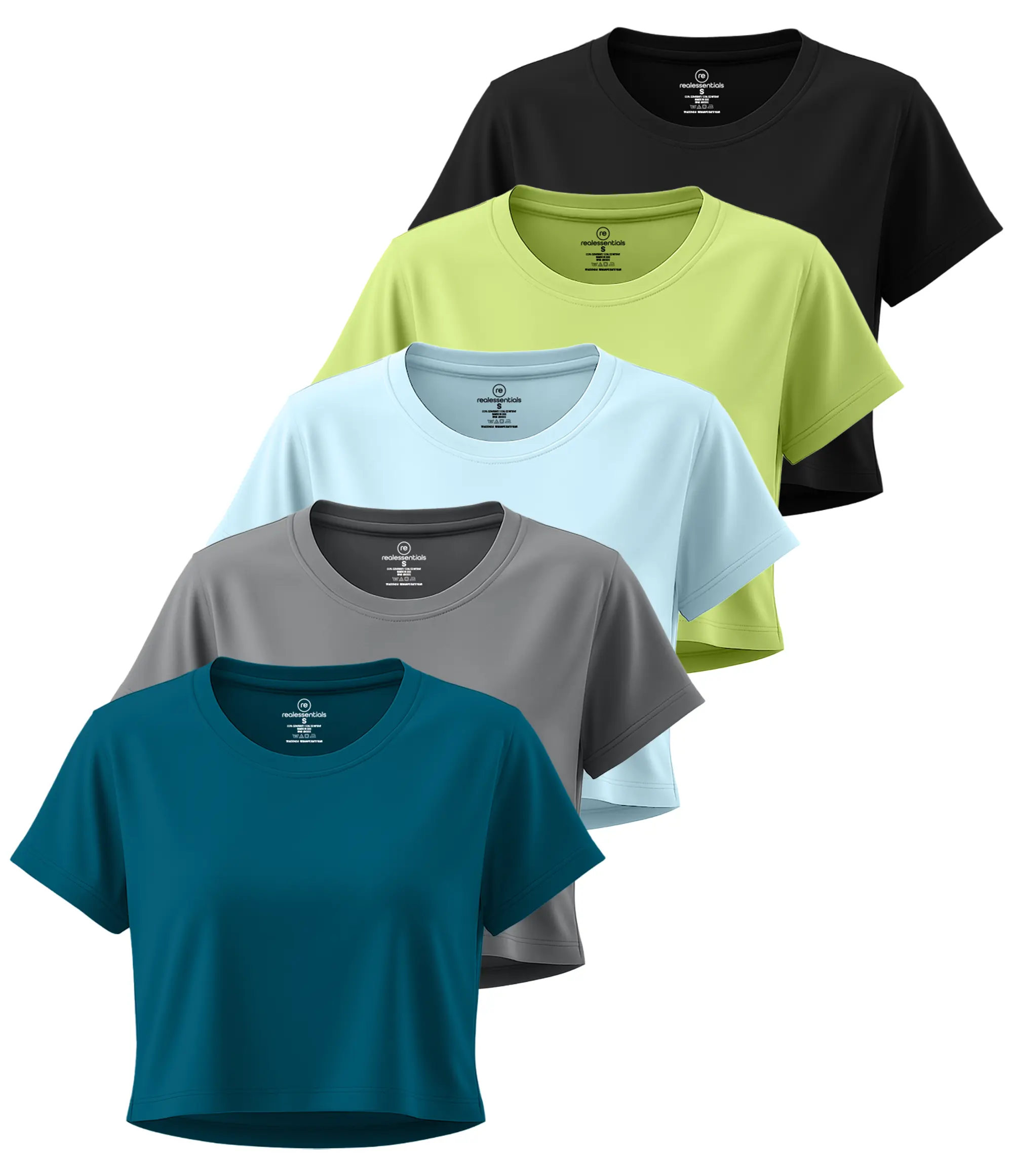 Real Essentials 5 Pack: Women's Dry-Fit Crop Top Short Sleeve Shirts Workout Gym Cropped Athletic Tee (Available in Plus)