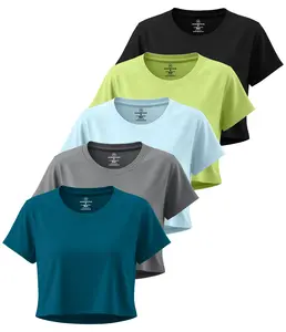 Real Essentials 5 Pack: Women's Dry-Fit Crop Top Short Sleeve Shirts Workout Gym Cropped Athletic Tee (Available in Plus)