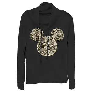 Junior's Mickey & Friends Cheetah Print Mickey Mouse Logo Cowl Neck Sweatshirt