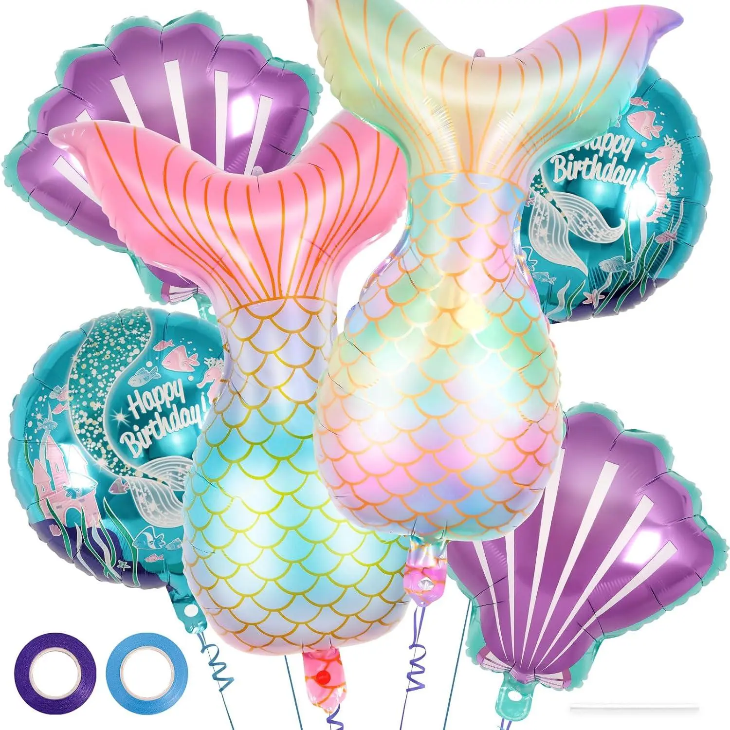 6 Pcs Mermaid Balloons, Seashell Foil Balloons, Mermaid Tail Mylar Balloons For Sea Ocean Themed Birthday Party Decorations Baby Shower