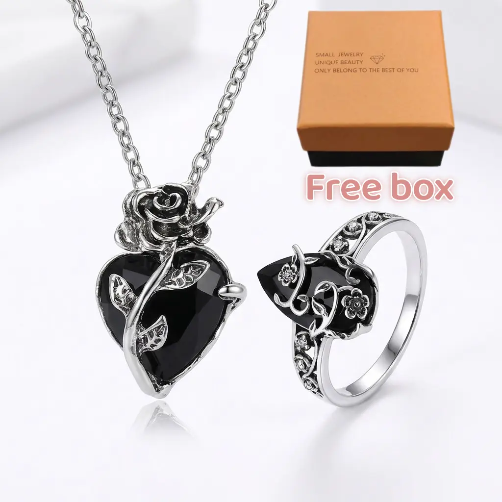 Gothic Black Rose Heart Jewelry Set for Women, Vintage Antique Witchy Alternative Statement Ring and Chain Necklace with Celtic Flower Obsidian Crystal Stone, Dark Costume Jewelry for Witch Lovers, Daily Wear and Gift Giving